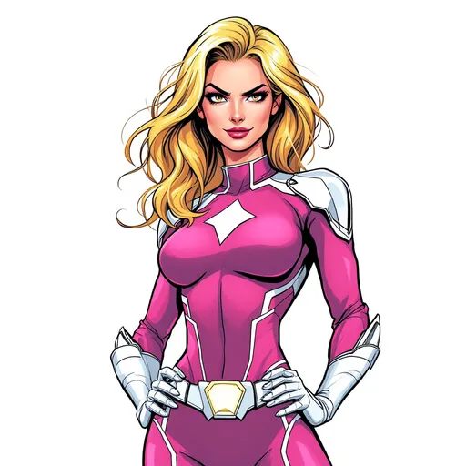 Prompt: A confident character stands prominently against a simple white background, exuding a spirited demeanor. She has bright blonde hair styled in soft waves, framing an expressive face marked by a slight smirk and raised eyebrows that convey assurance. Clad in a form-fitting pink superhero suit adorned with white and silver accents, she sports matching gauntlets that emphasize her readiness for action. The overall design embraces a cartoonish aesthetic, characterized by bold outlines and vibrant colors, which creates an engaging and dynamic atmosphere, suggesting a narrative of heroism and empowerment.