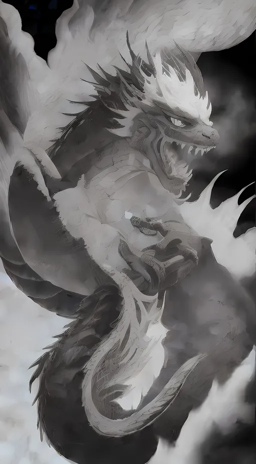 Prompt: Chinese dragon Year icon, black and white style, overbearing, animatic, logo of '六大正山', detailed scales, fierce expression, powerful stance, high contrast, bold lines, dynamic composition, strong presence, traditional ink wash, dramatic lighting