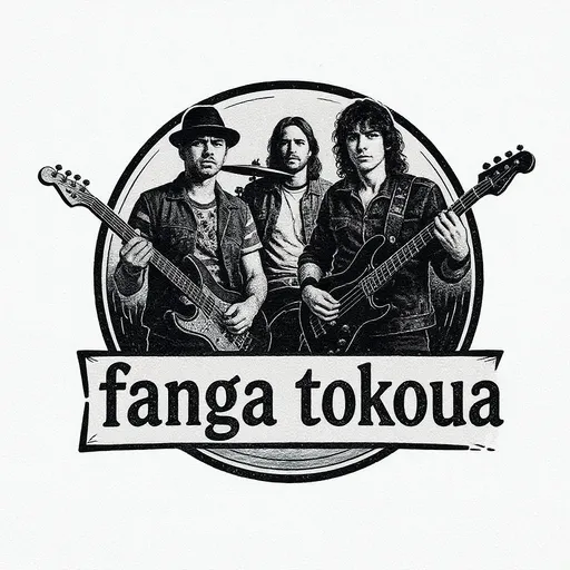 Prompt: make a band logo with the name "fanga tokoua" and people with rock instruments