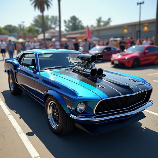 Prompt: Photorealistic depiction of a powerful muscle car, roaring engine, showcased prominently at a vibrant car show, glossy deep blue finish reflecting sunlight, bold racing stripes enhancing the speed appearance, surrounding cars and crowds blurred slightly in the background, adding to the action-packed atmosphere, sharp details, 4K, ultra-detailed.