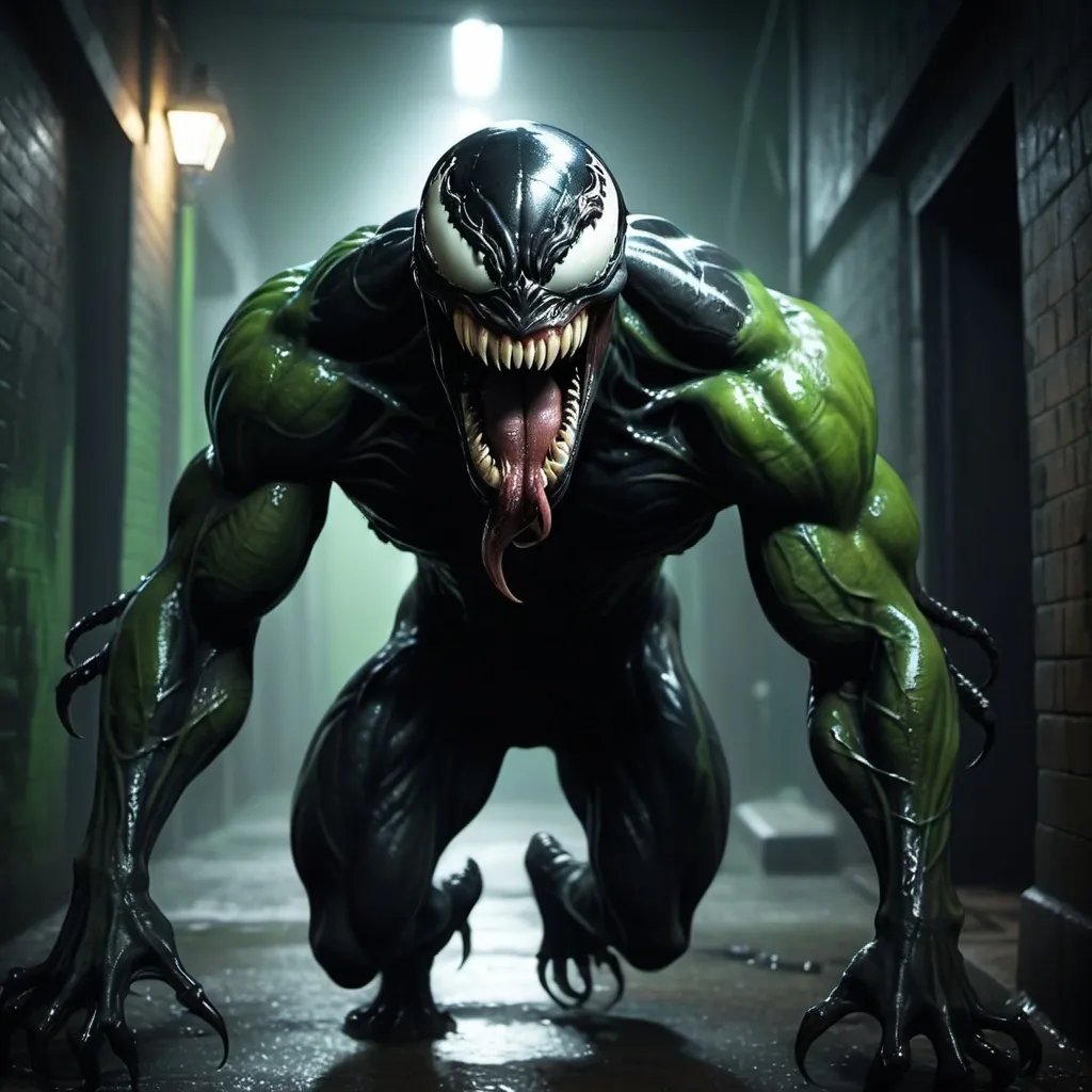 Prompt: (creepy monster like Venom), dark atmospheric lighting, eerie green and black color scheme, sinister and intimidating, sharp teeth, long claws, ominous grin, grotesque and muscular form, glistening slime, dark alley background with minimal lighting, cinematic horror, misty air, ultra-detailed, high resolution 4K, photorealistic, chilling and spine-tingling mood, high contrast shadows.