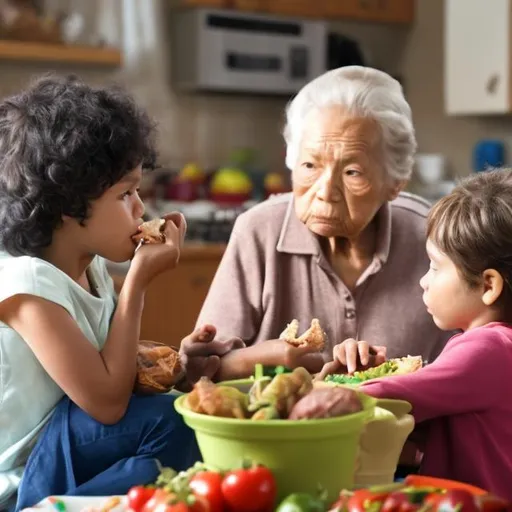 Prompt: A child is trying to steal food from an elderly person. The child looks mean and sneaky. The elder person is ignoring the child.