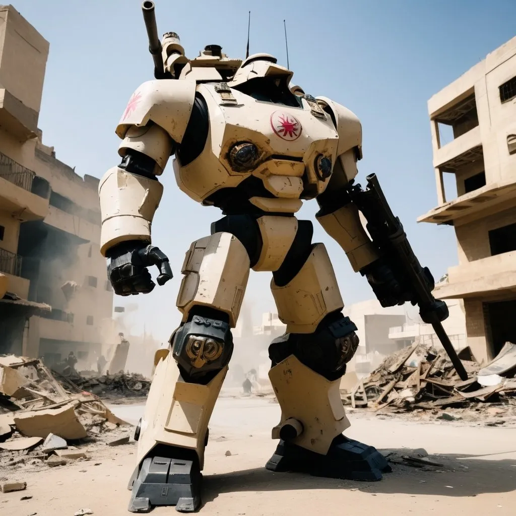 Prompt: Jaeger with shoulder mounted cannon standing in Karachi with debris around it, and a sword in its arms, make it large, talk as 30 feet and bulkier and realistic