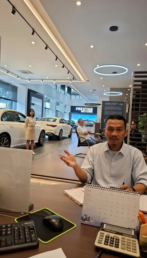 Prompt: This is a photograph taken inside a modern car dealership showroom. In the foreground, a middle-aged South Asian man with short black hair and a light brown complexion is seated at a wooden desk. He is wearing a light blue, short-sleeved, button-up shirt and is gesturing with his right hand while holding a pen in his left hand. In front of him on the desk, there is a spiral-bound calendar, a black computer mouse on a green-edged mouse pad, a black keyboard, and a white tissue box. 
Behind him, the showroom is well-lit with recessed ceiling lights and circular hanging light fixtures. Several white and silver cars are displayed, with a few customers and salespeople interacting with them. To the left, a woman in a beige dress and white shoes is standing next to a white car, appearing to look at it. In the background, another customer, dressed in a white shirt and dark pants, is seated at a desk. The showroom has a sleek, contemporary design with a combination of glass, metal, and wood elements. A large, illuminated sign with the dealership's name is visible in the background, adding to the modern ambiance.