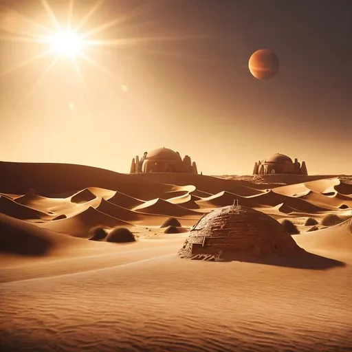 Prompt: Iconic desert landscape of Tatooine from Star Wars, realistic sand dunes, twin suns setting in the sky, rustic and weathered buildings, high quality, realistic, Star Wars, desert landscape, twin suns, rustic buildings, detailed sand dunes, warm tones, iconic, sunset lighting
