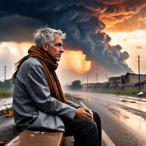 Prompt: side view, morning dawn, realistic photo of grey haired man watching sun rises wearing apocalypse raggid outfit and brown scarf sitting beside the road while raging storm in the destroyed city background, strong wind and thunder strike, lightning, after rain, nasturtium, dust, apocalypse tone