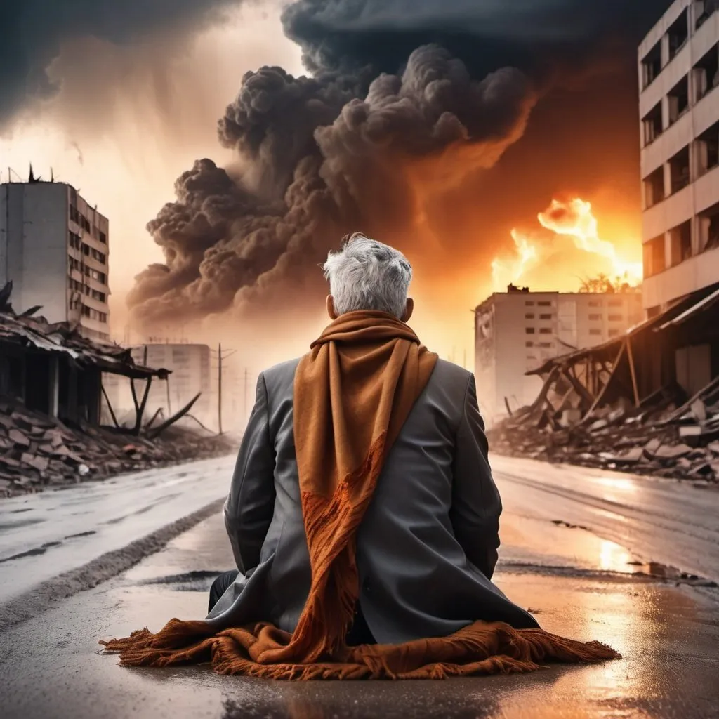 Prompt: behind view, realistic photo of grey haired man watching sun rises wearing apocalypse raggid outfit and brown scarf sitting on the road while raging storm in the destroyed city background, strong wind and thunder strike, flame, after rain, dust, apocalypse tone