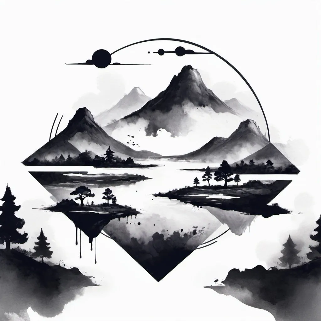 Prompt: Create a platform logo with ink-painted landscapes and the text is 旷野