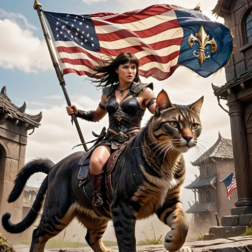 Prompt: Xena warrior princess is riding a giant fierce house cat with sharp claws trailing a flowing american flag