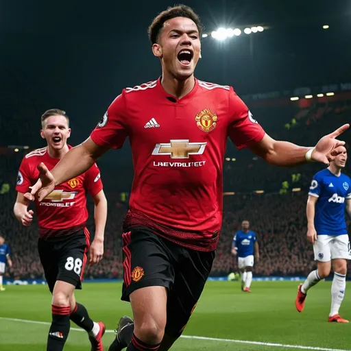 Prompt: A picture of Manchester United's attacking player proudly winning and write the result of Manchester United 2 and Everton 0 on the photo with a good edit.