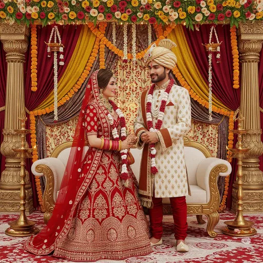 Prompt: A wedding couple standing together on a decorated stage. The couple slowly stands up from their seats, walks towards each other with a smile, and lovingly exchanges garlands (jai mala ceremony). The background should have wedding decorations with flowers, lights, and a festive atmosphere. The moment should look realistic, cinematic, and emotional, capturing the traditional Indian wedding vibe.