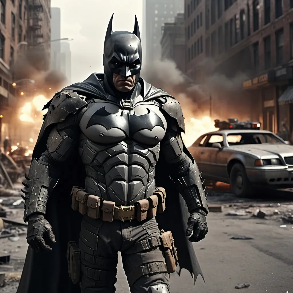 Prompt: Post-apocalyptic Batman walking away from a vehicle explosion, worn armor, villains fighting in the background, Manhattan-inspired city scene, detailed facial features, gritty 3D rendering, dark and gritty, intense lighting, explosion aftermath, 4k, ultra-detailed, post-apocalyptic, worn armor, villains fighting, Manhattan-inspired, detailed facial features, intense lighting, gritty 3D rendering