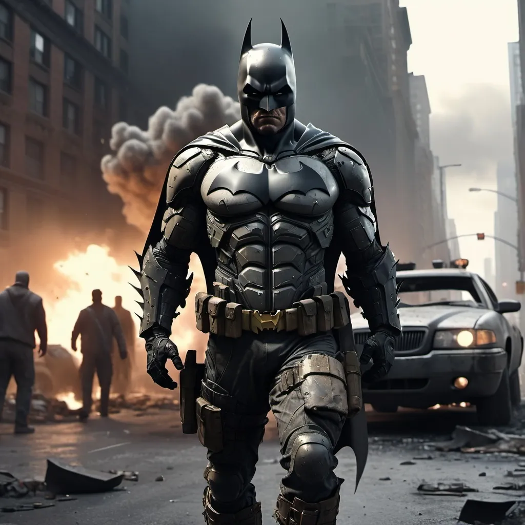 Prompt: Post-apocalyptic Batman walking away from a vehicle explosion, worn armor, villains fighting in the background, Manhattan-inspired city scene, detailed facial features, gritty 3D rendering, dark and gritty, intense lighting, explosion aftermath, 4k, ultra-detailed, post-apocalyptic, worn armor, villains fighting, Manhattan-inspired, detailed facial features, intense lighting, gritty 3D rendering