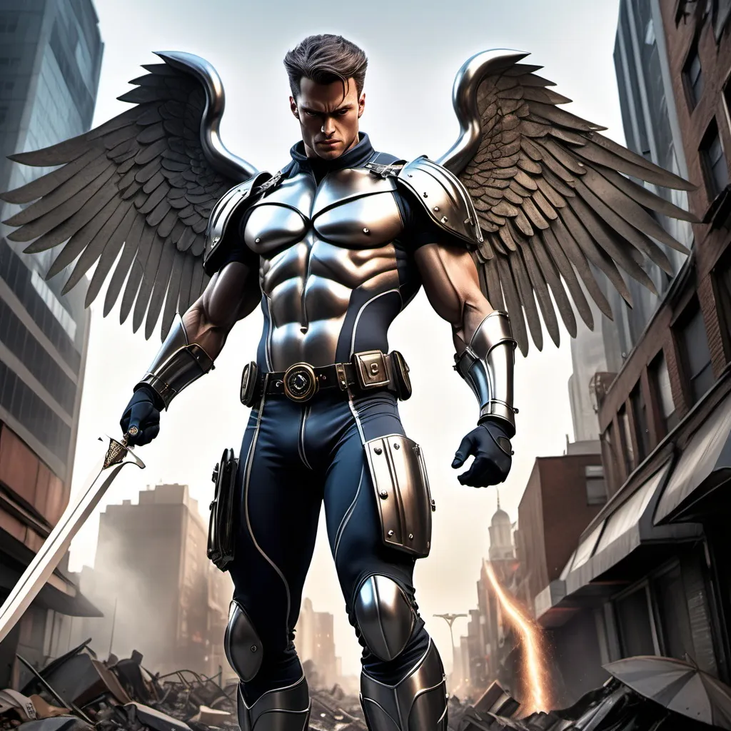 Prompt: hyper realistic archangel x-men, apocalyptic city background, muscular build character. full chrome , mechanical (steampunk) armour. character holding a sword in right hand.