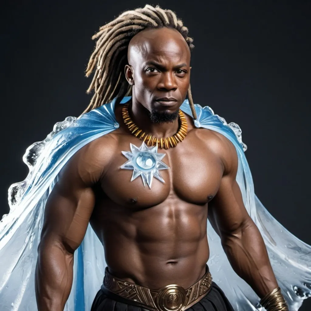 Prompt: south african superhero, black male in african inspired regalia with cape attached, dreadlocks, muscular build and bald head, with ice based powers