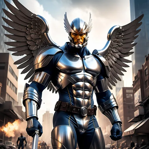 Prompt: hyper realistic archangel x-men, apocalyptic city background, muscular build character. full chrome , mechanical (steampunk) armour. character holding a sword in right hand.