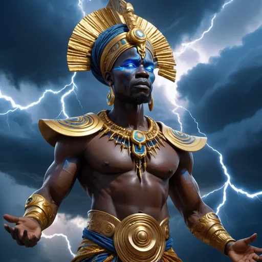 Prompt: (african god character), realistic 3D, high-detail, electric powers, glowing electric eyes, swirling afterglow of electric current, cinematic stormy sky, dramatic storm clouds, luxurious white and gold garb, intricate african design, mystic atmosphere, empowered and awe-inspiring energy, vibrant electric blue and gold hues, captivating visual depth, ultra-detailed.