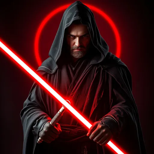 Prompt: (full body portrait of a Sith Lord), (dark and tattered African-themed robe), (cape and hood), (ominous facial expression), (red lightsaber in hand), (intense red aura emitting in background), wide-angle shot, dramatic lighting, high contrast colors, deep shadows, 4K resolution, evoking a sense of power and darkness, cinematic atmosphere, intricate details on the robe, visual depth.