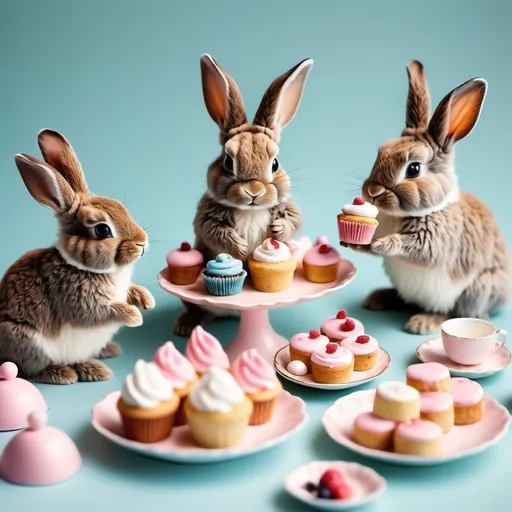 Prompt: Create a scene of bunnies having a tea party with tiny cakes and pastries.