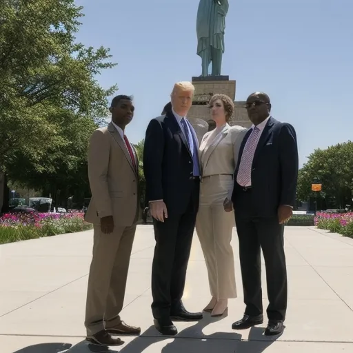 Prompt: a detailed photo realistic high quality group of inclusive American LBGTQ beings standing in front of a statue, professional