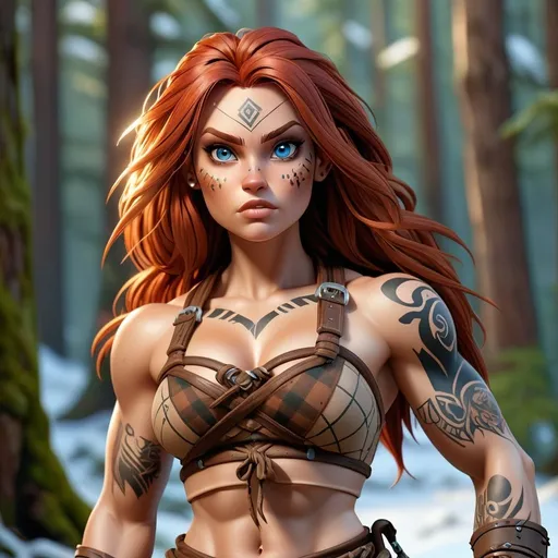 Prompt: UHD full body portrait of a pale female muscular barbarian warrior, Everquest style, detailed face, long brown hide plaid kilt, strapless brown drawstring hide cropped short shirt, bright blue eyes, rugged expression, tribal tattoos, detailed red hair, 4k, ultra detailed, fantasy, rugged style, detailed eyes, tribal design, professional, dramatic lighting, snowy forest background