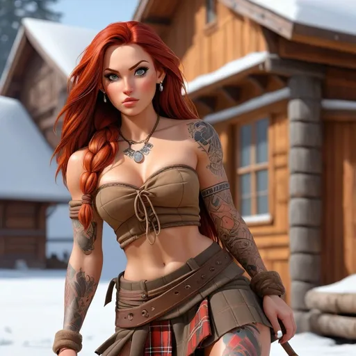 Prompt: UHD full body portrait of a Everquest style female barbarian Warrior, detailed face, wearing a long brown hide plaid kilt and a strapless brown drawstring hide cropped short shirt, snow covered fantasy medieval viking longhouse in the background, detailed eyes, rugged expression, tribal tattoos, big white wolf next to her, detailed red hair