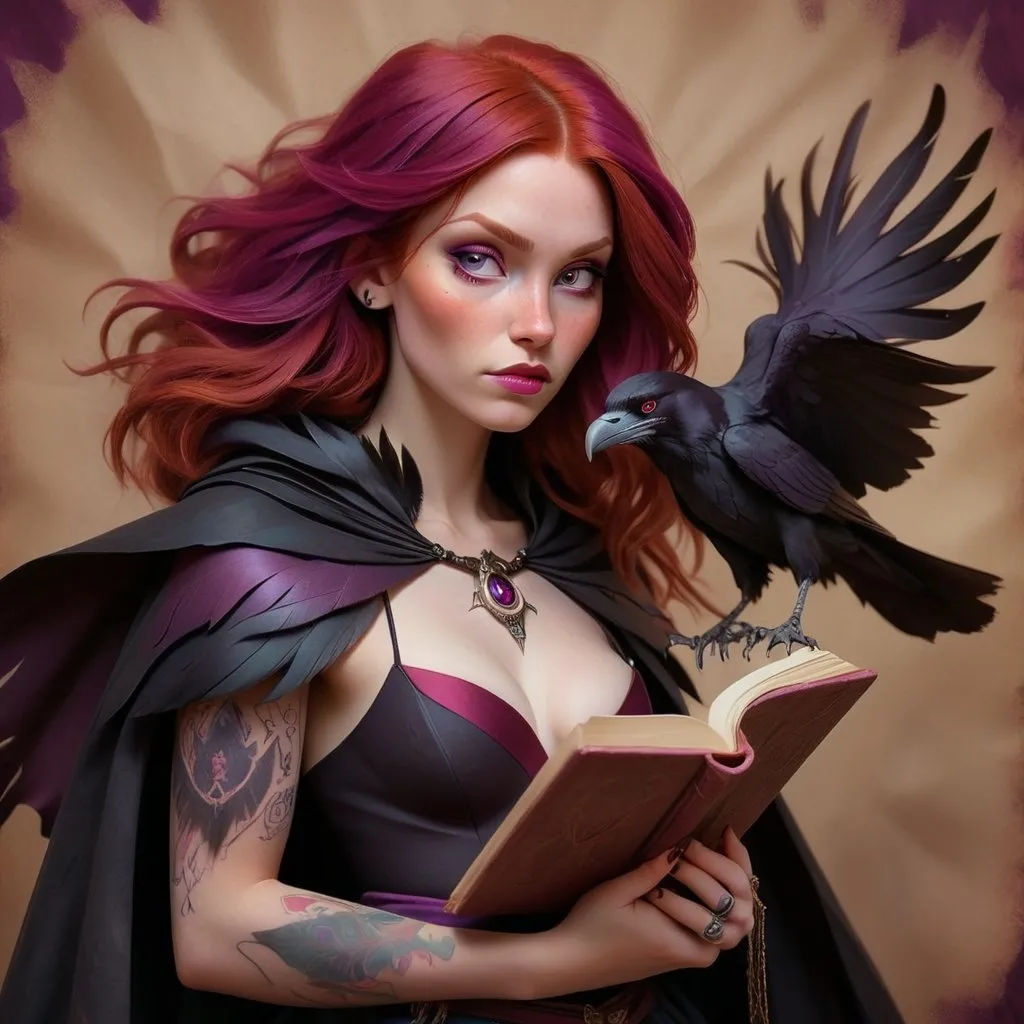 Prompt: Dreamy pastel portrait, wizard, ethereal atmosphere, soft focus, Highly detailed woman red hair, dark magenta accents, tattoos, bare navel, black and dark magenta skirt, brown paper background, sorceress, cape made of black feathers over shoulders, spell book, raven