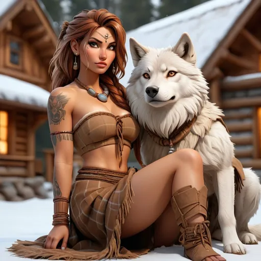 Prompt: UHD full body portrait of a Everquest style female barbarian Shaman, detailed face, wearing a long brown hide plaid kilt and a strapless brown drawstring hide cropped short shirt, snow covered fantasy medieval viking longhouse in the background, detailed eyes, rugged expression, tribal tattoos, big white wolf sitting next to her