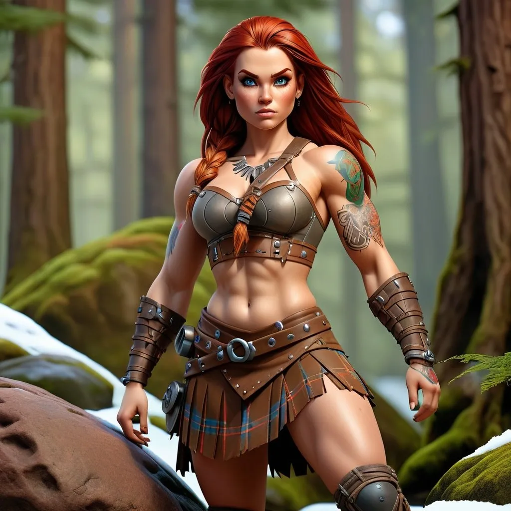 Prompt: UHD full body portrait of a pale female tall burly muscular barbarian warrior, Everquest style, detailed face, long brown hide plaid kilt, strapless brown drawstring hide cropped short shirt, bright blue eyes, rugged expression, tribal tattoos, detailed red hair, 4k, ultra detailed, fantasy, rugged style, detailed eyes, tribal design, professional, dramatic lighting, snowy forest background, one foot on a rock