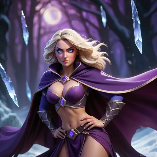 Prompt: Jaina Proudmoore in Keith Parkinson style, wearing a dark violet crop top with a large amount of cleavage and a  dark violet fantasy cape, blue eyes, epic fantasy illustration, highly detailed magical ice effects, dynamic and heroic pose, vibrant color palette, atmospheric lighting, best quality, highres, ultra-detailed, fantasy, epic, magical effects, dynamic pose, vibrant colors, atmospheric lighting, big open snowy battlefield background