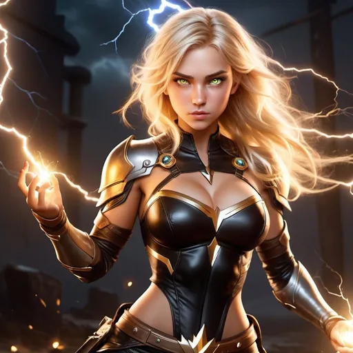 Prompt: full body shot, hyper-realistic 18 year old female human character with lightning magic in her hands, fantasy character art, illustration, dnd, warm tone, bright green eyes, blonde hair, more cleavage, black leather armor
