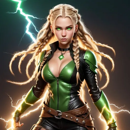 Prompt: full body shot, hyper-realistic 18 year old female human character with lightning magic in her hands, fantasy character art, illustration, dnd, warm tone, bright green eyes, blonde hair with a few braids, more cleavage, black leather armor