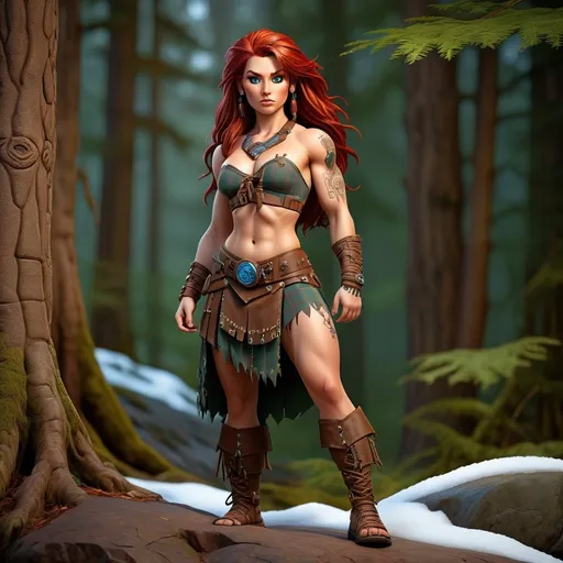 Prompt: UHD full body portrait of a pale female tall burly muscular barbarian warrior, Everquest style, detailed face, long brown hide plaid kilt, strapless brown drawstring hide cropped short shirt, bright blue eyes, rugged expression, tribal tattoos, detailed red hair, 4k, ultra detailed, fantasy, rugged style, detailed eyes, tribal design, professional, dramatic lighting, snowy forest background, one foot on a rock