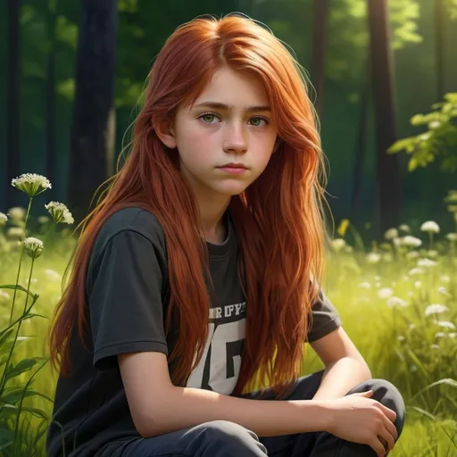 Prompt: Very detailed full body portrait of a 13-year-old tomboy with long red hair, scruffy face, and detailed green eyes, skinny, UHD, 8K, realistic, sad expression, forest background, sitting on the grass, depressed, portrait, detailed red hair, detailed green eyes, tomboy, realistic, full body, sad expression, UHD, 8K, scruffy face, medium-long hair, charismatic, 15-year-old, detailed background, emotional lighting, innocent looking