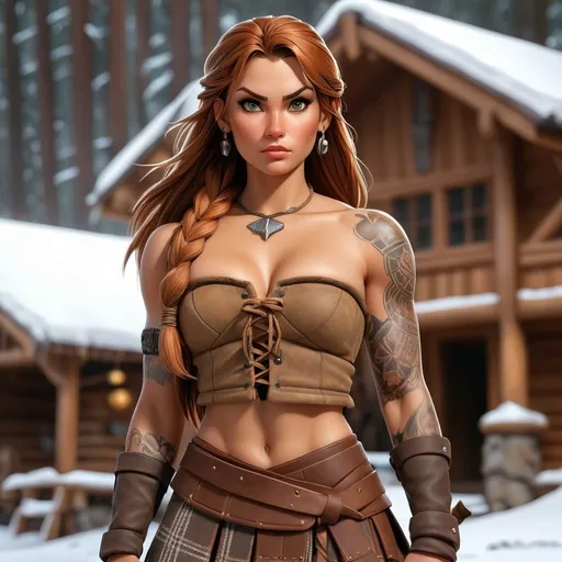Prompt: UHD full body portrait of a Everquest style female barbarian Warrior, detailed face, wearing a long brown hide plaid kilt and a strapless brown drawstring hide cropped shirt, snow covered fantasy medieval viking longhouse in the background, detailed eyes, rugged expression, tribal tattoos