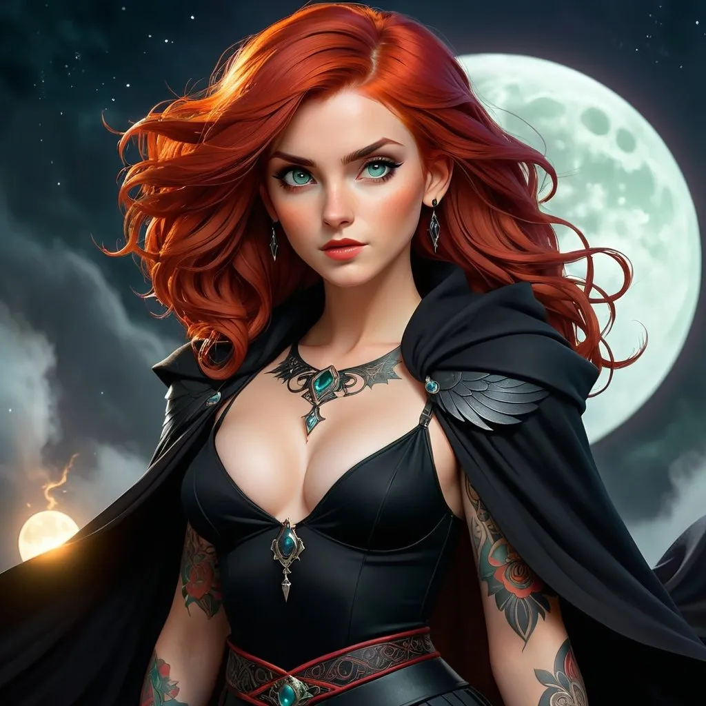 Prompt: Highly detailed character design sheet of a sorceress, ethereal atmosphere, soft focus, woman with red hair, tattoos, bare navel, in a black skirt and cape, raven, cleavage, green eyes, detailed, fantasy, mystical, ethereal, detailed hair, intricate tattoos, sorceress, dreamy atmosphere, bright moon background, night, Emma Watson