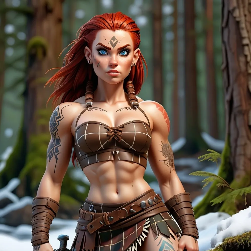 Prompt: UHD full body portrait of a pale female muscular barbarian warrior, Everquest style, detailed face, long brown hide plaid kilt, strapless brown drawstring hide cropped short shirt, bright blue eyes, rugged expression, tribal tattoos, detailed red hair, 4k, ultra detailed, fantasy, rugged style, detailed eyes, tribal design, professional, dramatic lighting, snowy forest background
