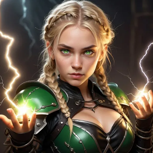 Prompt: hyper-realistic 18 year old female human character with lightning magic in her hands, fantasy character art, illustration, dnd, warm tone, bright green eyes, blonde hair with a few braids, more cleavage, black leather armor