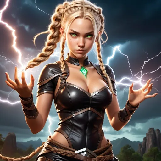 Prompt: full body shot, hyper-realistic 18 year old female human character with lightning magic in her hands, fantasy character art, illustration, dnd, warm tone, bright green eyes, blonde hair with a few braids, more cleavage, black leather armor