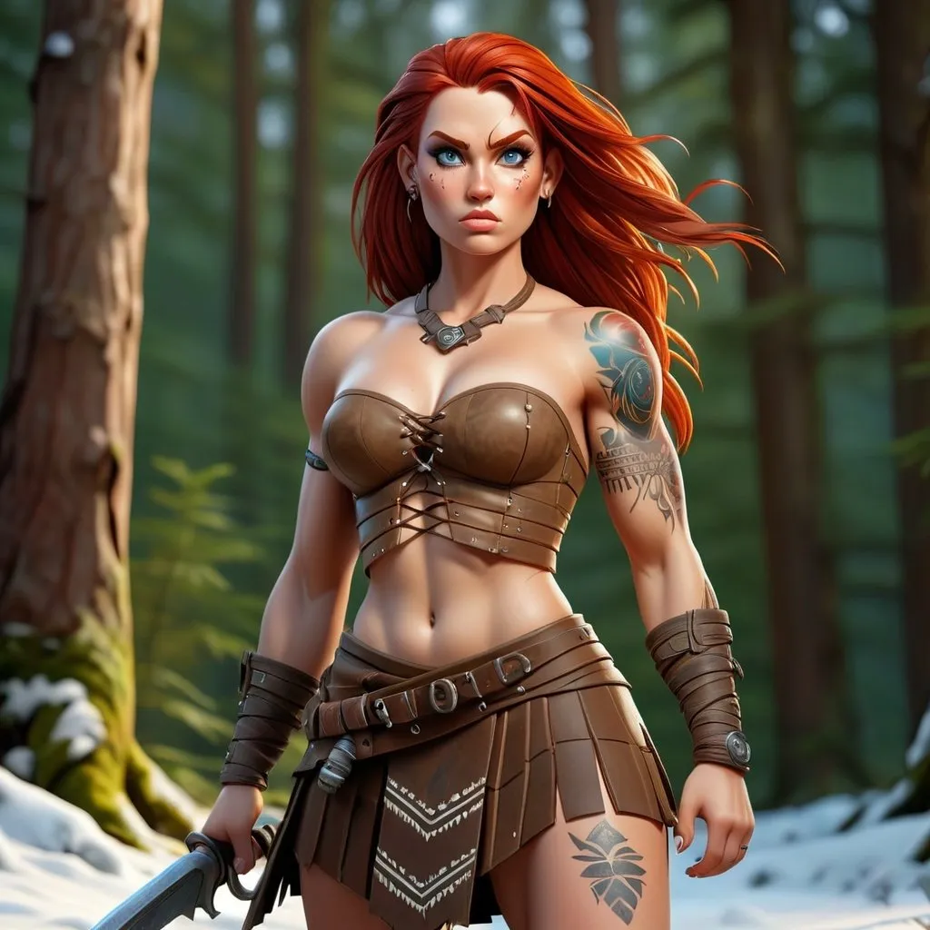 Prompt: UHD full body portrait of a pale female muscular barbarian warrior, Everquest style, detailed face, long brown hide plaid kilt, strapless brown drawstring hide cropped short shirt, bright blue eyes, rugged expression, tribal tattoos, detailed red hair, 4k, ultra detailed, fantasy, rugged style, detailed eyes, tribal design, professional, dramatic lighting, snowy forest background