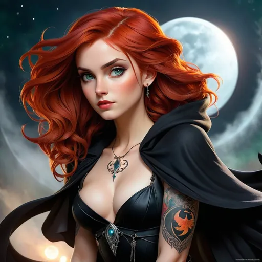 Prompt: Highly detailed character design sheet of a sorceress, ethereal atmosphere, soft focus, woman with red hair, tattoos, bare navel, in a black skirt and cape, raven, cleavage, green eyes, detailed, fantasy, mystical, ethereal, detailed hair, intricate tattoos, sorceress, dreamy atmosphere, bright moon background, night, Emma Watson