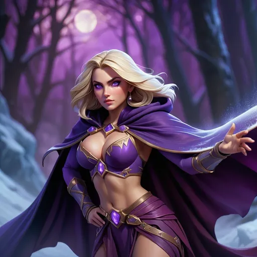 Prompt: Jaina Proudmoore in Keith Parkinson style, wearing a dark violet crop top with a large amount of cleavage and a  dark violet fantasy cape, epic fantasy illustration, highly detailed magical ice effects, dynamic and heroic pose, vibrant color palette, atmospheric lighting, best quality, highres, ultra-detailed, fantasy, epic, magical effects, dynamic pose, vibrant colors, atmospheric lighting, big open snowy battlefield background