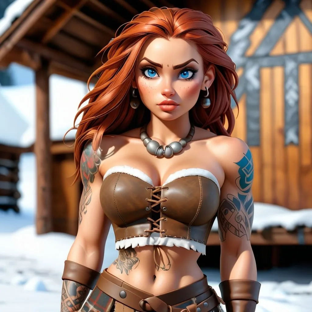 Prompt: UHD full body portrait of a Everquest style female barbarian Warrior standing, detailed face, wearing a long brown hide plaid kilt and a strapless brown drawstring hide cropped short shirt, snow covered fantasy medieval viking longhouse in the background, detailed bright blue eyes, rugged expression, tribal tattoos, big white wolf sitting next to her, detailed red hair