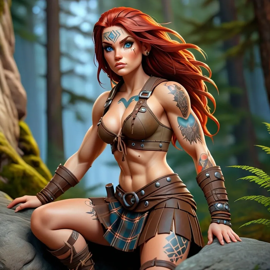 Prompt: UHD full body portrait of a pale female tall burly muscular barbarian warrior, Everquest style, detailed face, long brown hide plaid kilt, strapless brown drawstring hide cropped short shirt, bright blue eyes, rugged expression, tribal tattoos, detailed red hair, 4k, ultra detailed, fantasy, rugged style, detailed eyes, tribal design, professional, dramatic lighting, snowy forest background, one foot on a rock