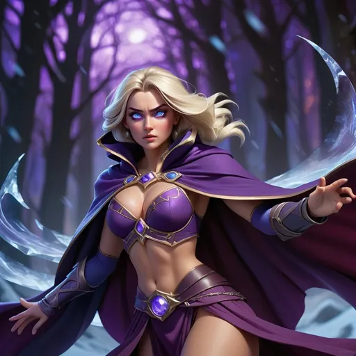 Prompt: Jaina Proudmoore in Keith Parkinson style, wearing a dark violet crop top with a large amount of cleavage and a  dark violet fantasy cape, blue eyes, epic fantasy illustration, highly detailed magical ice effects, dynamic and heroic pose, vibrant color palette, atmospheric lighting, best quality, highres, ultra-detailed, fantasy, epic, magical effects, dynamic pose, vibrant colors, atmospheric lighting, large snowy background