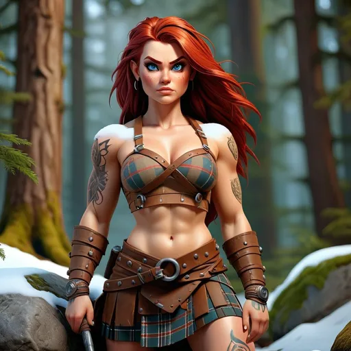 Prompt: UHD full body portrait of a pale female tall burly muscular barbarian warrior, Everquest style, detailed face, long brown hide plaid kilt, strapless brown drawstring hide cropped short shirt, bright blue eyes, rugged expression, tribal tattoos, detailed red hair, 4k, ultra detailed, fantasy, rugged style, detailed eyes, tribal design, professional, dramatic lighting, snowy forest background, one foot on a rock