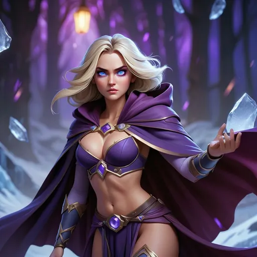 Prompt: Jaina Proudmoore in Keith Parkinson style, wearing a dark violet crop top with a large amount of cleavage and a  dark violet fantasy cape, blue eyes, epic fantasy illustration, highly detailed magical ice effects, dynamic and heroic pose, vibrant color palette, atmospheric lighting, best quality, highres, ultra-detailed, fantasy, epic, magical effects, dynamic pose, vibrant colors, atmospheric lighting, big open snowy battlefield background