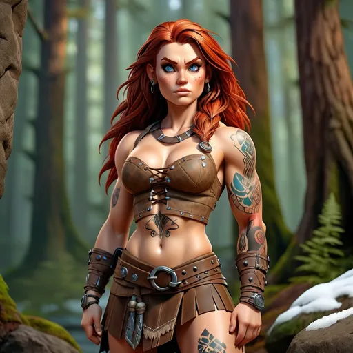 Prompt: UHD full body portrait of a pale female tall burly muscular barbarian warrior, Everquest style, detailed face, long brown hide plaid kilt, strapless brown drawstring hide cropped short shirt, bright blue eyes, rugged expression, tribal tattoos, detailed red hair, 4k, ultra detailed, fantasy, rugged style, detailed eyes, tribal design, professional, dramatic lighting, snowy forest background, one foot on a rock