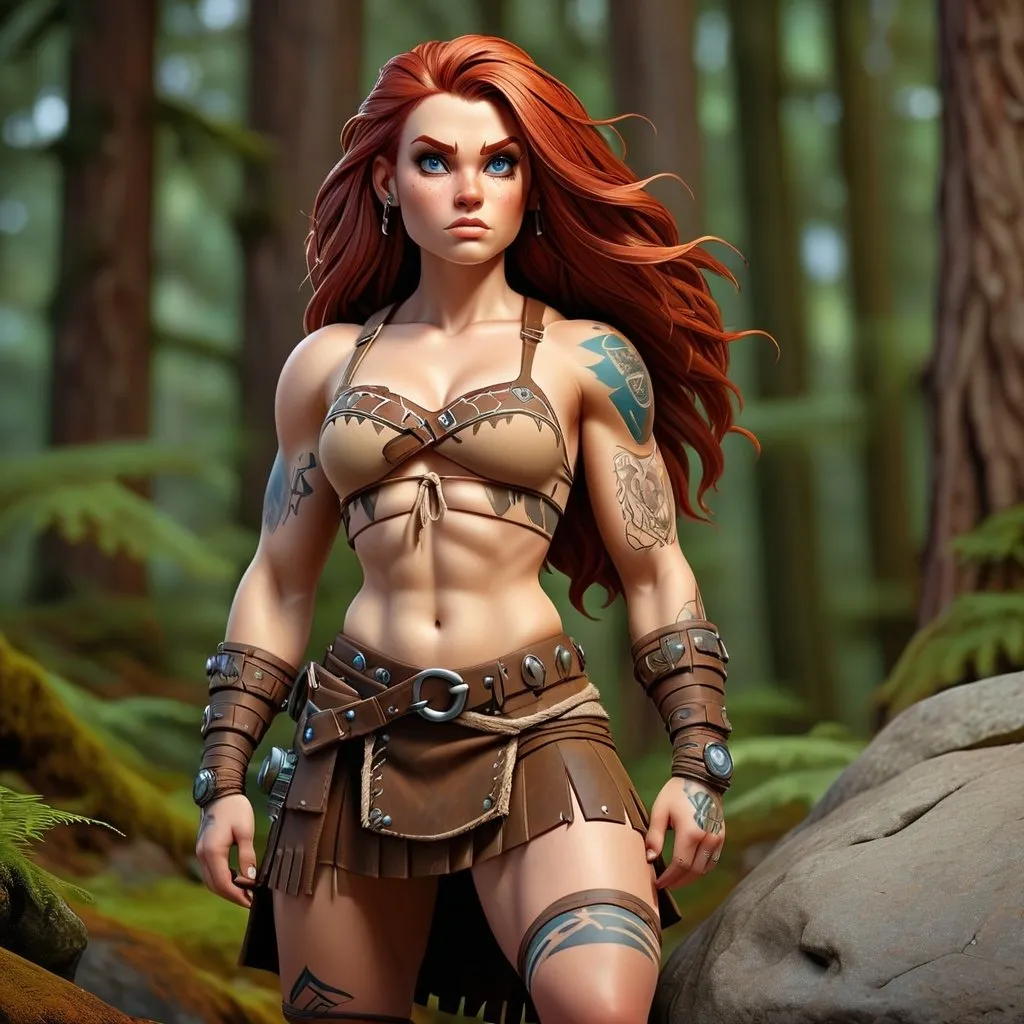 Prompt: UHD full body portrait of a pale female tall burly muscular barbarian warrior, Everquest style, detailed face, long brown hide plaid kilt, strapless brown drawstring hide cropped short shirt, bright blue eyes, rugged expression, tribal tattoos, detailed red hair, 4k, ultra detailed, fantasy, rugged style, detailed eyes, tribal design, professional, dramatic lighting, snowy forest background, one foot on a rock