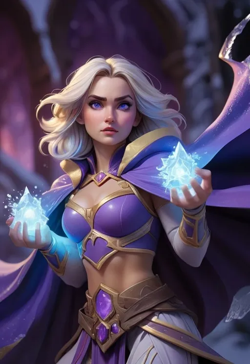 Prompt: Jaina Proudmoore in Keith Parkinson style, wearing a violet crop top with a fantasy cape, epic fantasy illustration, highly detailed magical ice effects, dynamic and heroic pose, vibrant color palette, atmospheric lighting, best quality, highres, ultra-detailed, fantasy, epic, magical effects, dynamic pose, vibrant colors, atmospheric lighting, snowy background